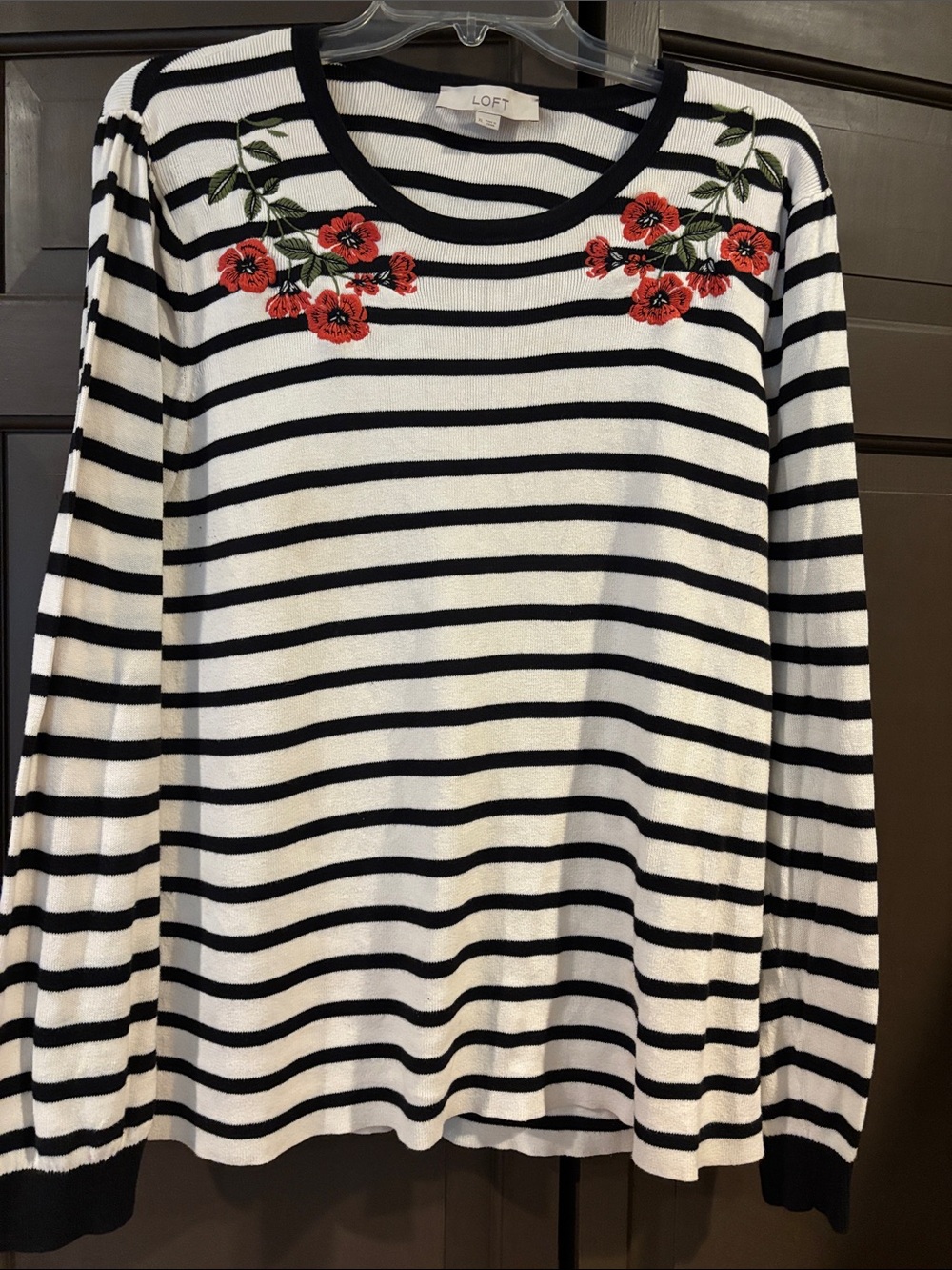 LOFT Cream Black Striped Red Floral Embroidered Fine Knit Sweater Size x Large